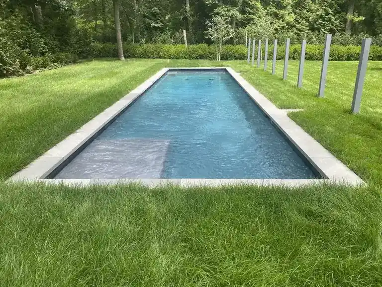 Narrow pool with a pale coping edge and a dark interior, wide lawn around it and woods behind